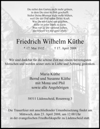 Traueranzeige von Friedrich Wilhelm Küthe von Tageszeitung