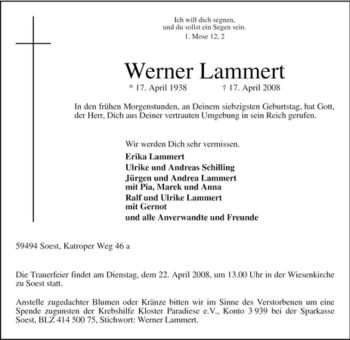 Traueranzeige von Werner Lammert von Tageszeitung