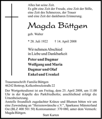 Traueranzeige von Magda Büttgen von Tageszeitung