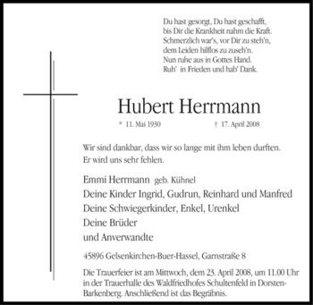 Traueranzeige von Hubert Herrmann von Tageszeitung
