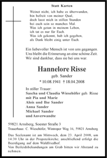 Traueranzeige von Hannelore Risse von Tageszeitung
