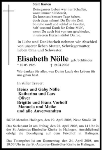 Traueranzeige von Elisabeth Nölle von Tageszeitung