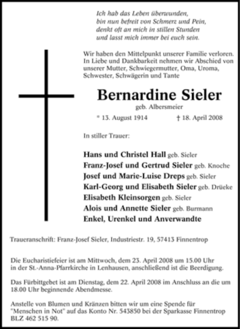 Traueranzeige von Bernardine Sieler von Tageszeitung
