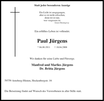 Traueranzeige von Paul Jürgens von Tageszeitung