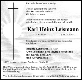 Traueranzeige von Karl Heinz Leismann von Tageszeitung