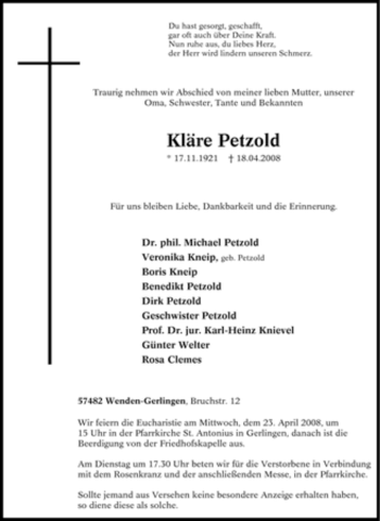 Traueranzeige von Kläre Petzold von Tageszeitung