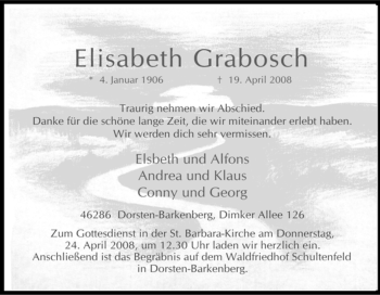 Traueranzeige von Elisabeth Grabosch von Tageszeitung
