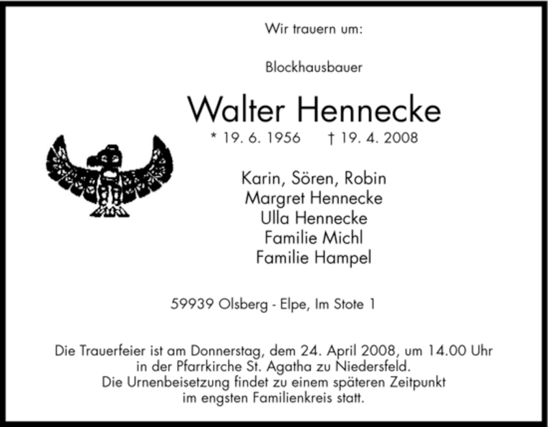  Traueranzeige für Walter Hennecke vom 21.04.2008 aus Tageszeitung