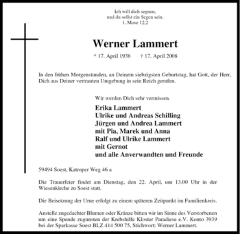 Traueranzeige von Werner Lammert von Tageszeitung