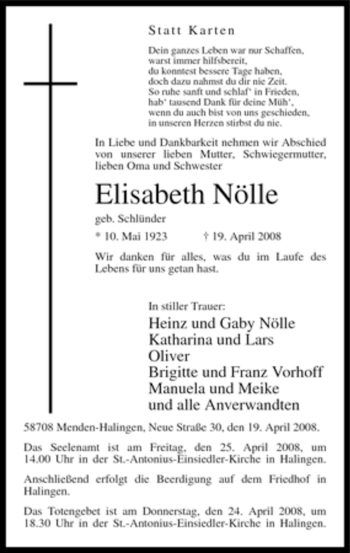 Traueranzeige von Elisabeth Nölle von Tageszeitung