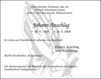 Traueranzeige von Johann Anschlag von Tageszeitung