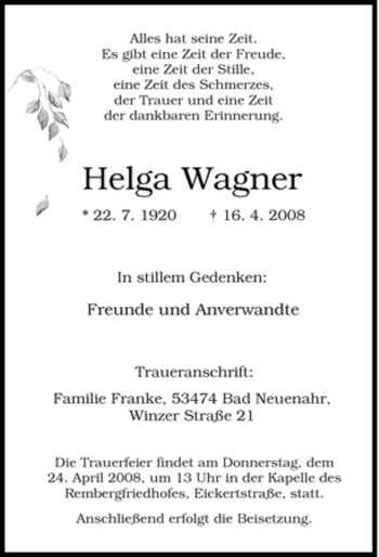 Traueranzeige von Helga Wagner von Tageszeitung