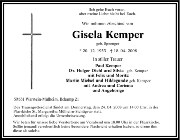 Traueranzeige von Gisela Kemper von Tageszeitung