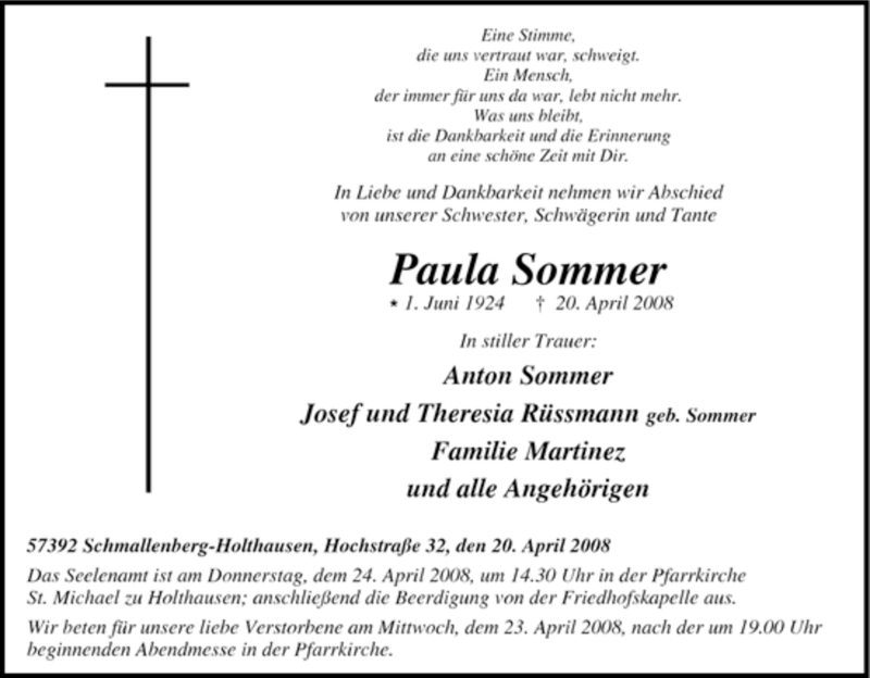  Traueranzeige für Paula Sommer vom 22.04.2008 aus Tageszeitung