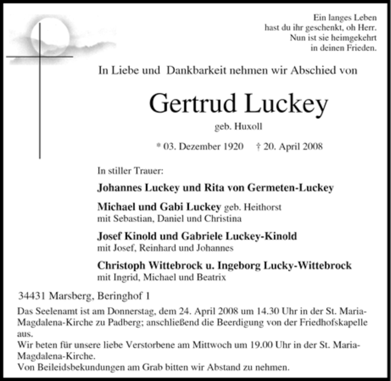  Traueranzeige für Gertrud Luckey vom 22.04.2008 aus Tageszeitung