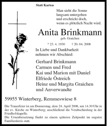 Traueranzeige von Anita Brinkmann von Tageszeitung