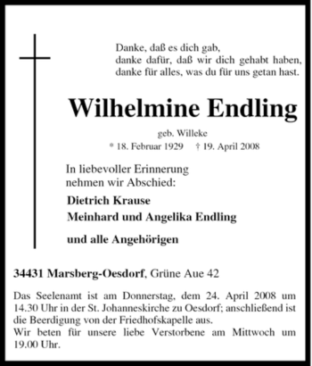 Traueranzeige von Wilhelmine Endling von Tageszeitung