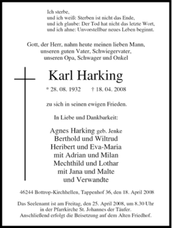 Traueranzeige von Karl Harking von Tageszeitung