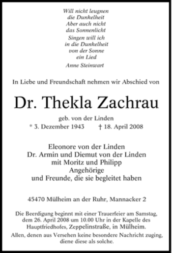 Traueranzeige von Thekla Zachrau von Tageszeitung