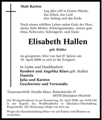 Traueranzeige von Elisabeth Hallen von Tageszeitung