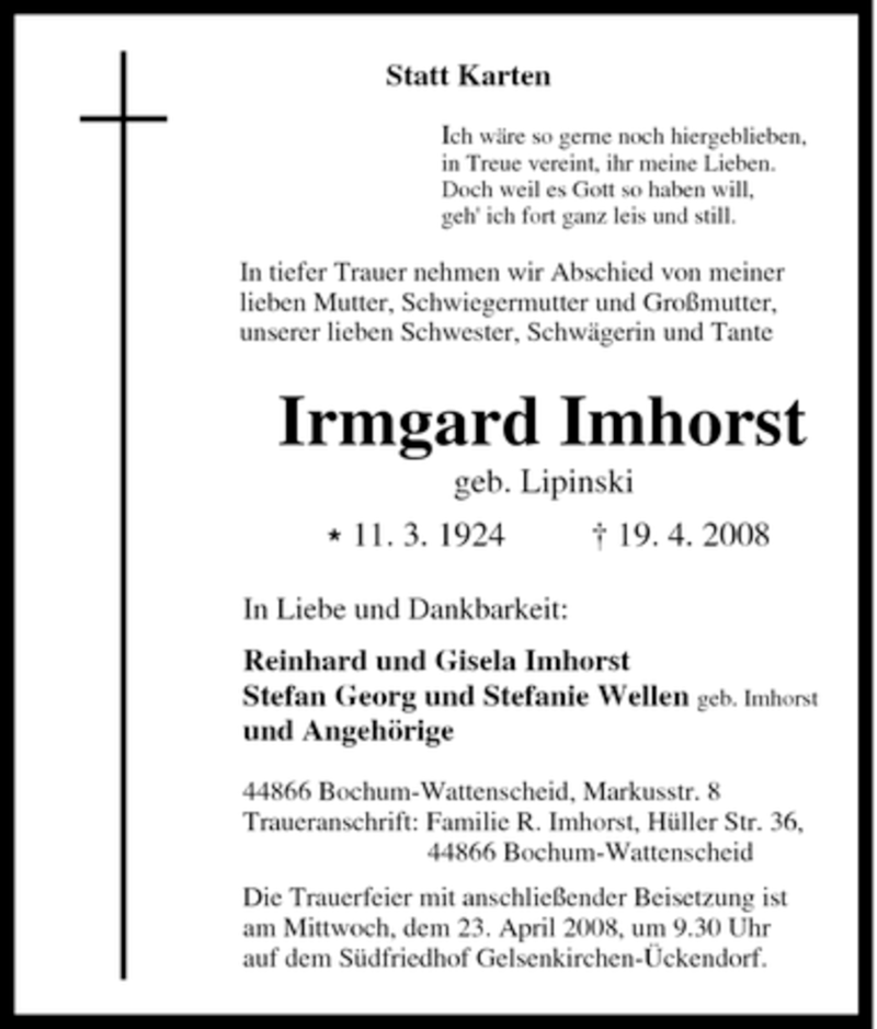  Traueranzeige für Irmgard Imhorst vom 22.04.2008 aus Tageszeitung