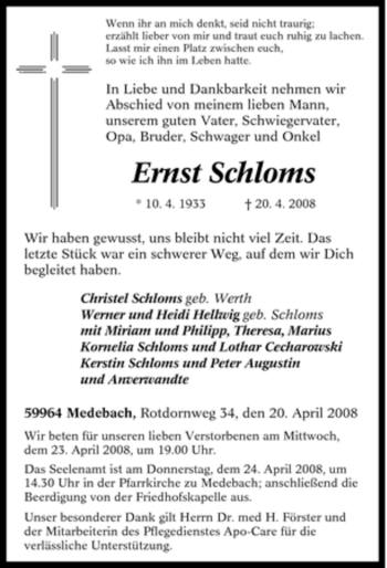Traueranzeige von Ernst Schloms von Tageszeitung