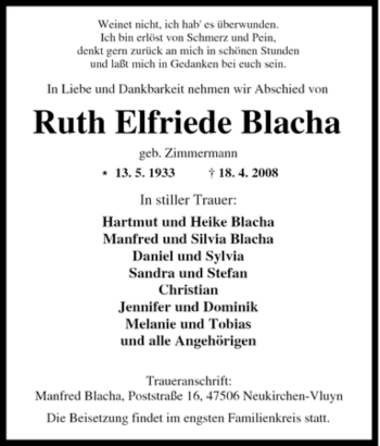 Traueranzeige von Ruth Elfriede Blacha von Tageszeitung