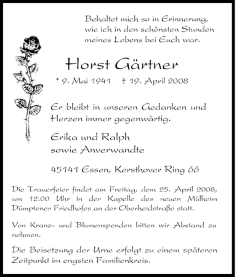 Traueranzeigen von Horst Gärtner TrauerinNRW.de