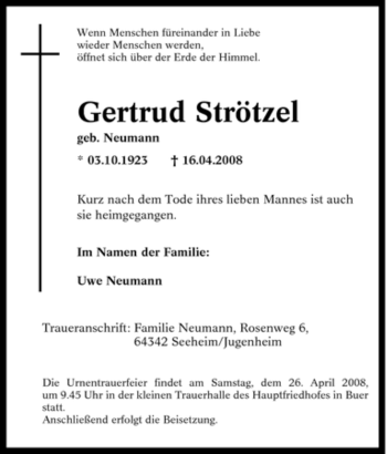 Traueranzeige von Gertrud Strötzel von Tageszeitung