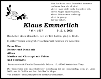 Traueranzeige von Klaus Emmerlich von Tageszeitung