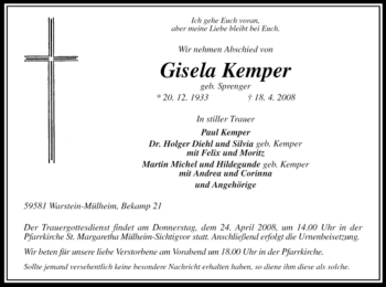 Traueranzeige von Gisela Kemper von Tageszeitung