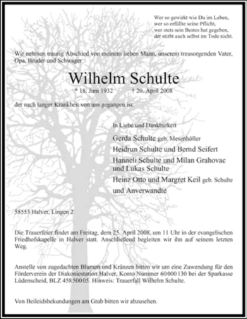 Traueranzeige von Wilhelm Schulte von Tageszeitung