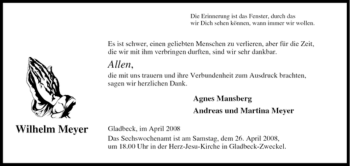 Traueranzeige von Wilhelm Meyer von Tageszeitung