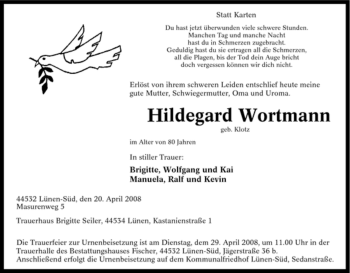 Traueranzeige von Hildegard Wortmann von Tageszeitung