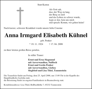 Traueranzeige von Anna Irmgard Elisabeth Kühnel von Tageszeitung