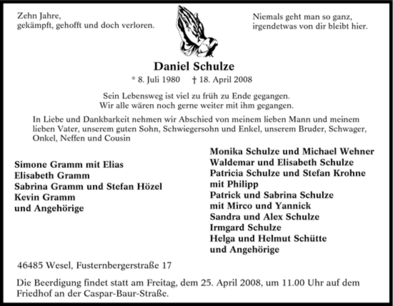  Traueranzeige für Daniel Schulze vom 23.04.2008 aus Tageszeitung