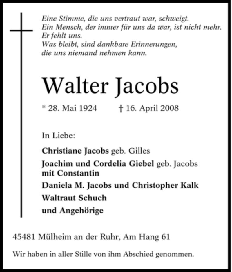  Traueranzeige für Walter Jacobs vom 23.04.2008 aus Tageszeitung