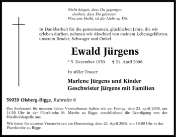 Traueranzeige von Ewald Jürgens von Tageszeitung