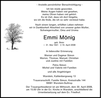 Traueranzeige von Emmi Mönig von Tageszeitung