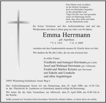 Traueranzeige von Emma Hermann von Tageszeitung