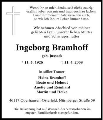 Traueranzeige von Ingeborg Bramhoff von Tageszeitung