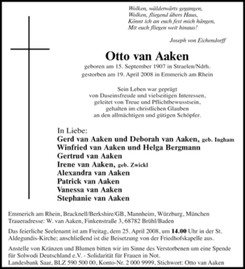 Traueranzeige von Otto van Aaken von Tageszeitung