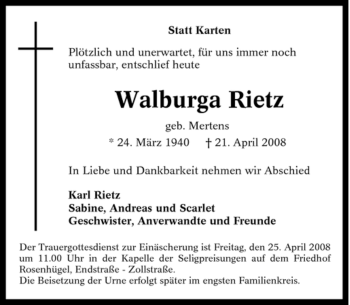 Traueranzeige von Walburga Rietz von Tageszeitung