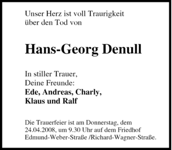 Traueranzeige von Hans-Georg Denull von Tageszeitung