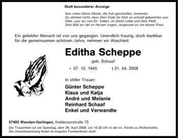 Traueranzeige von Editha Scheppe von Tageszeitung
