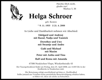 Traueranzeige von Helga Schroer von Tageszeitung