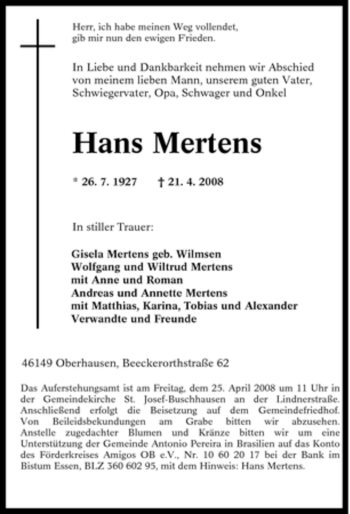 Traueranzeige von Hans Mertens von Tageszeitung