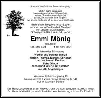 Traueranzeige von Emmi Mönig von Tageszeitung