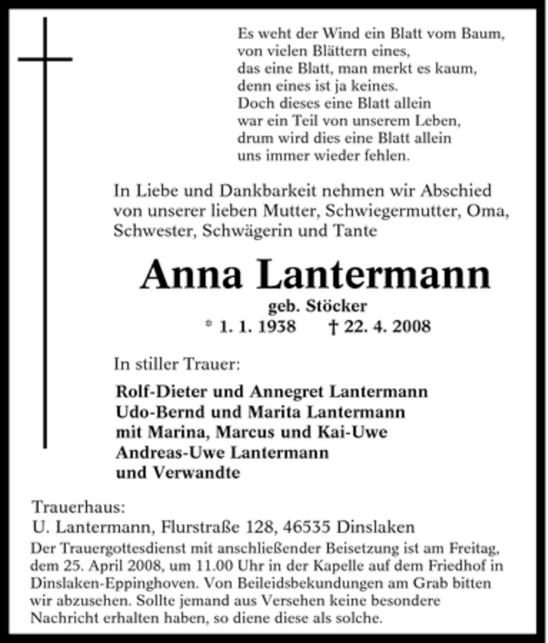Traueranzeigen von Anna Lantermann TrauerinNRW.de