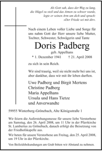 Traueranzeige von Doris Padberg von Tageszeitung